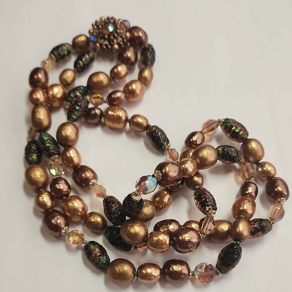 No Brand Jewelry - Vintage Gold and Brown Beaded Necklace Cool Glass Beads